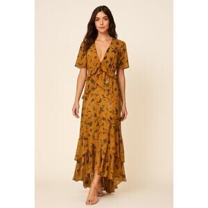 Gianni Bini Floral Maxi  Brown Ruffle Tiered Short Sleeve Size M Boho Romantic